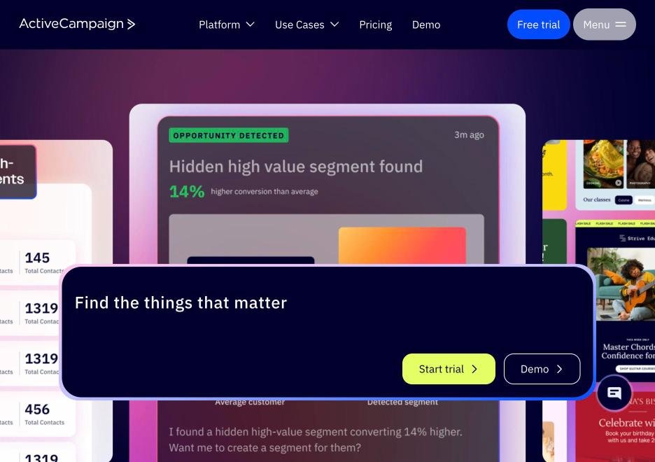ActiveCampaign marketing automation platform homepage with segmentation features