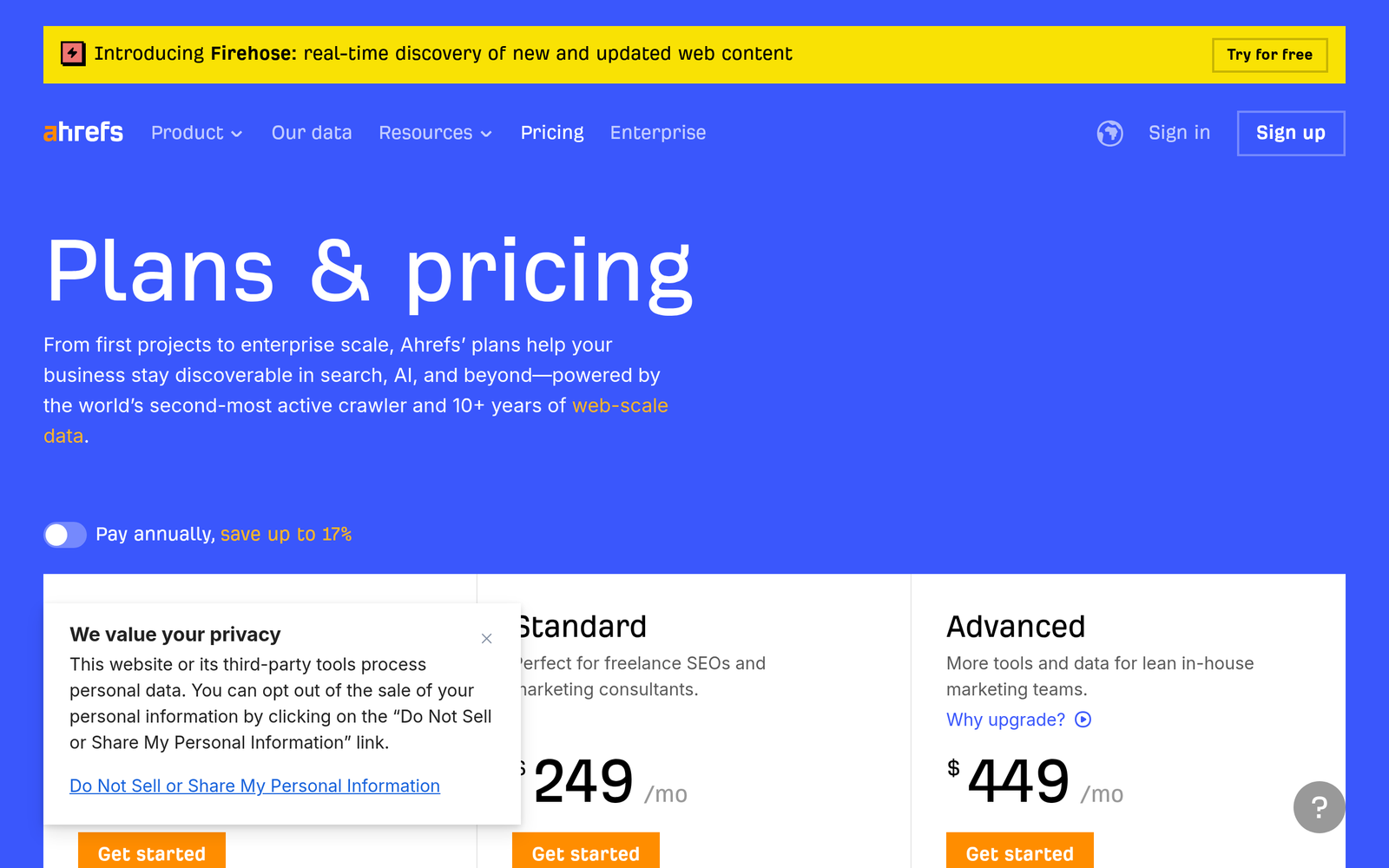 Ahrefs pricing plans showing Lite, Standard, Advanced, and Enterprise tiers