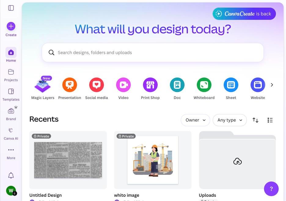 Canva design dashboard with templates and AI-powered features