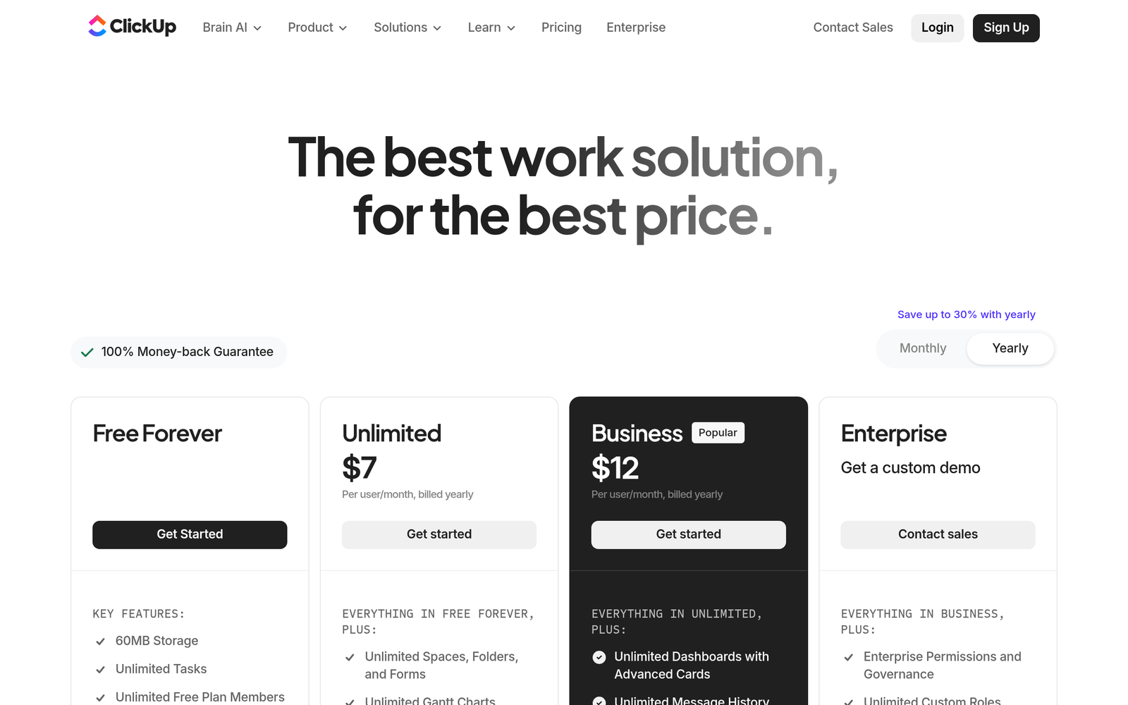 ClickUp pricing plans showing Free, Unlimited, Business, and Enterprise tiers