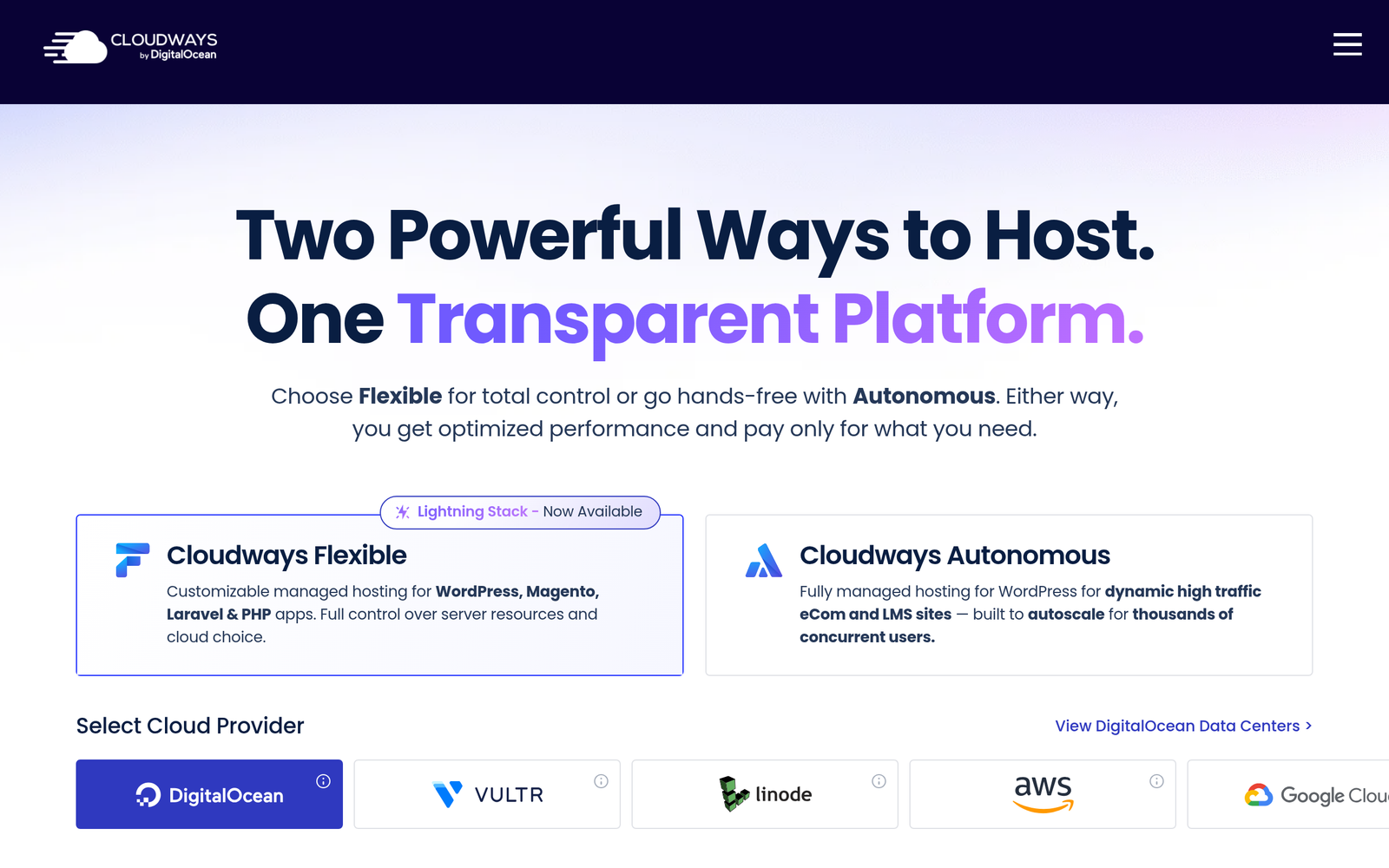 Cloudways hosting pricing plans showing DigitalOcean, Vultr, and AWS tiers with monthly pricing