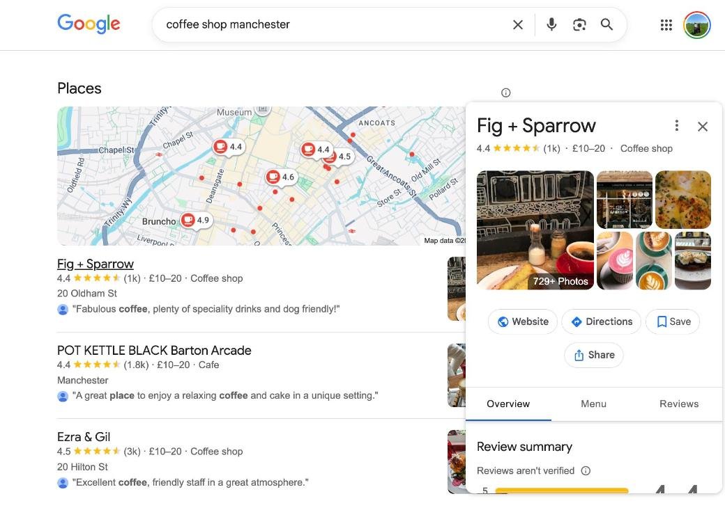 An example of a well-optimised Google Business Profile showing photos, ratings, reviews, website and directions buttons