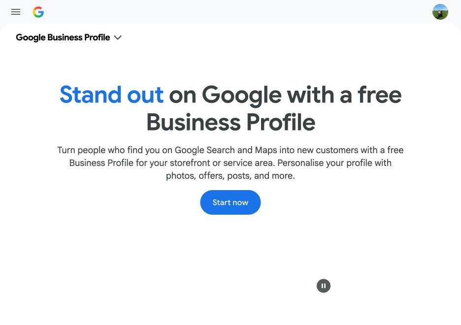 Google Business Profile landing page showing the Start now button to create a free business listing