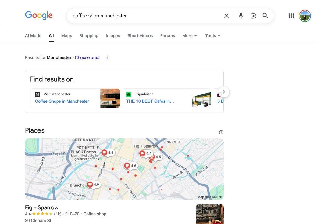 Google local pack showing business listings with map and ratings