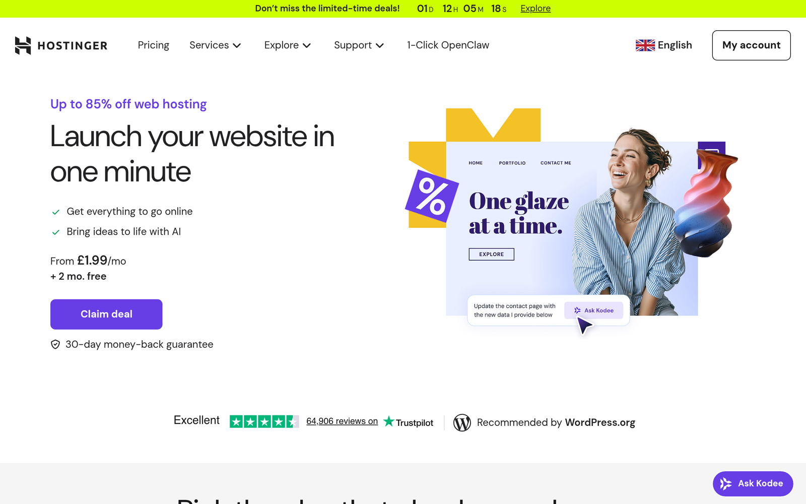 Hostinger hosting pricing plans showing Premium, Business, and Cloud Startup tiers with UK pricing