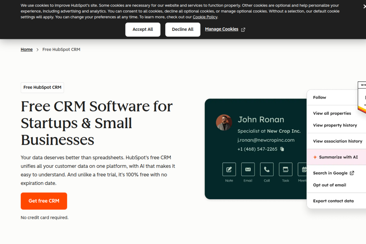 HubSpot CRM dashboard showing contact management, deal pipeline, and reporting tools