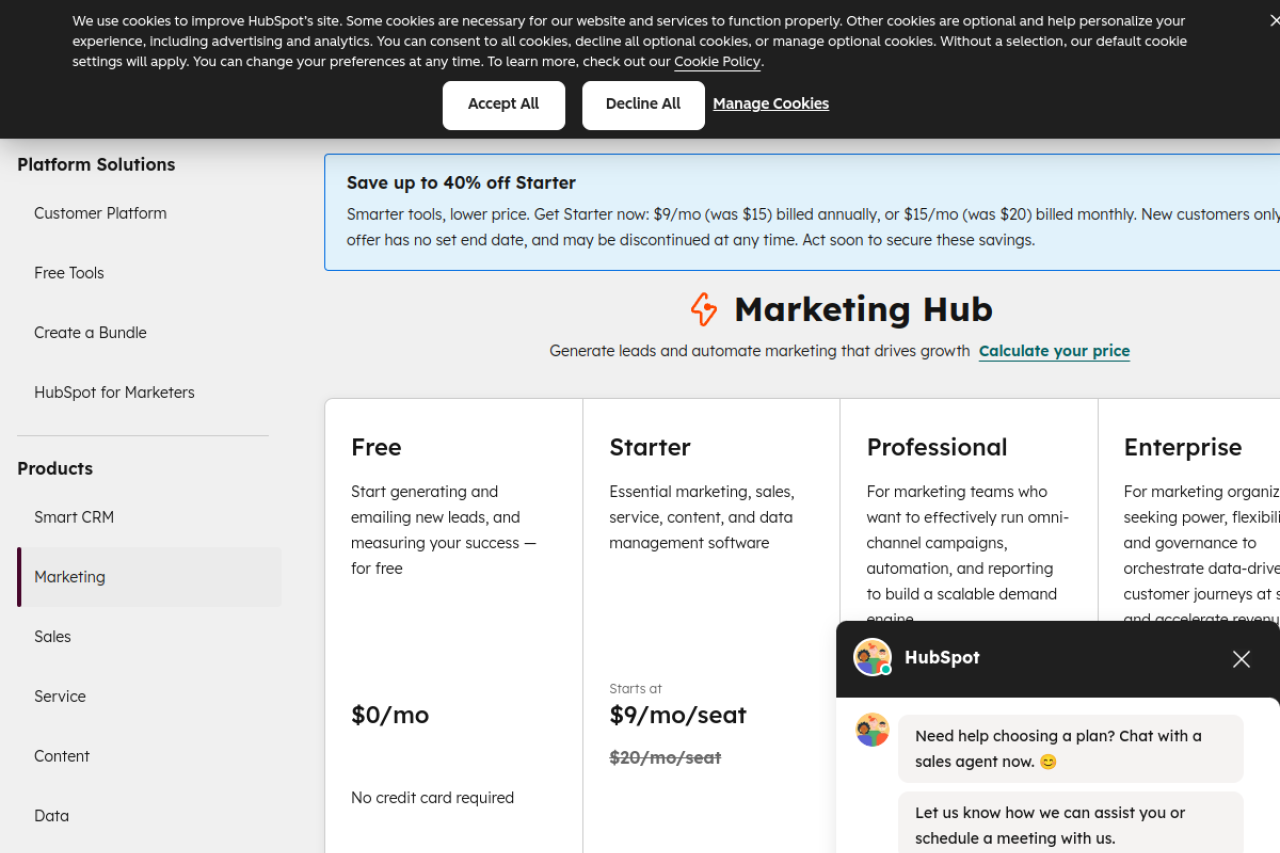 HubSpot marketing hub pricing showing Free, Starter, Professional, and Enterprise tiers