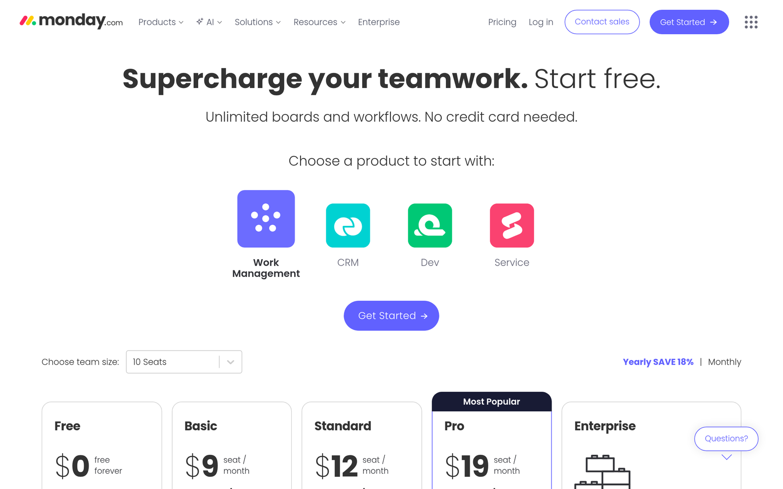 Monday.com pricing plans showing Individual, Basic, Standard, Pro, and Enterprise tiers