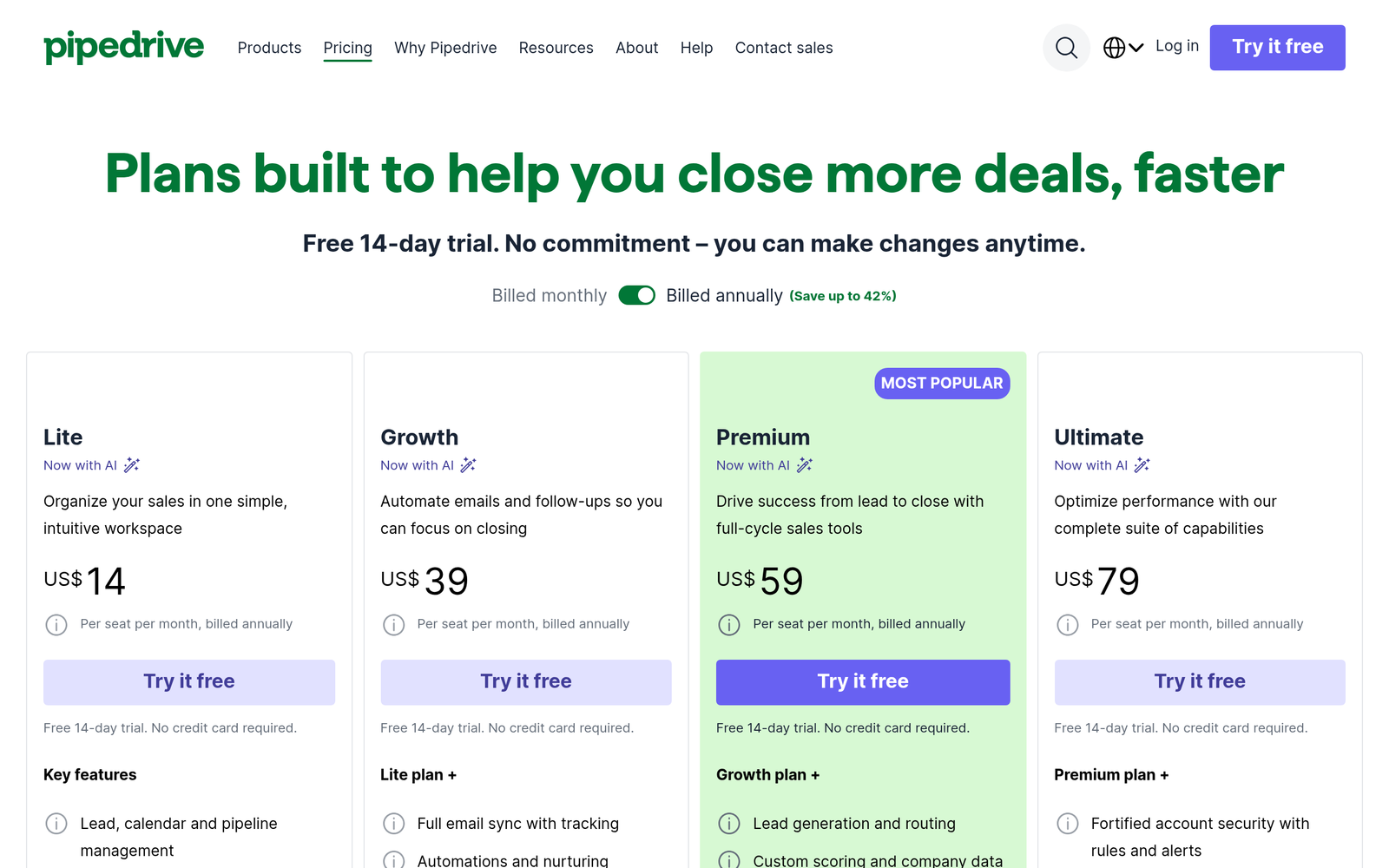 Pipedrive pricing plans showing Essential, Advanced, Professional, Power, and Enterprise tiers with UK pricing
