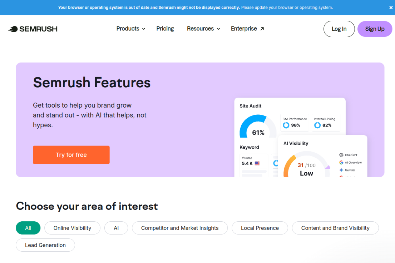 SEMrush features dashboard showing keyword research, site audit, and competitor analysis tools