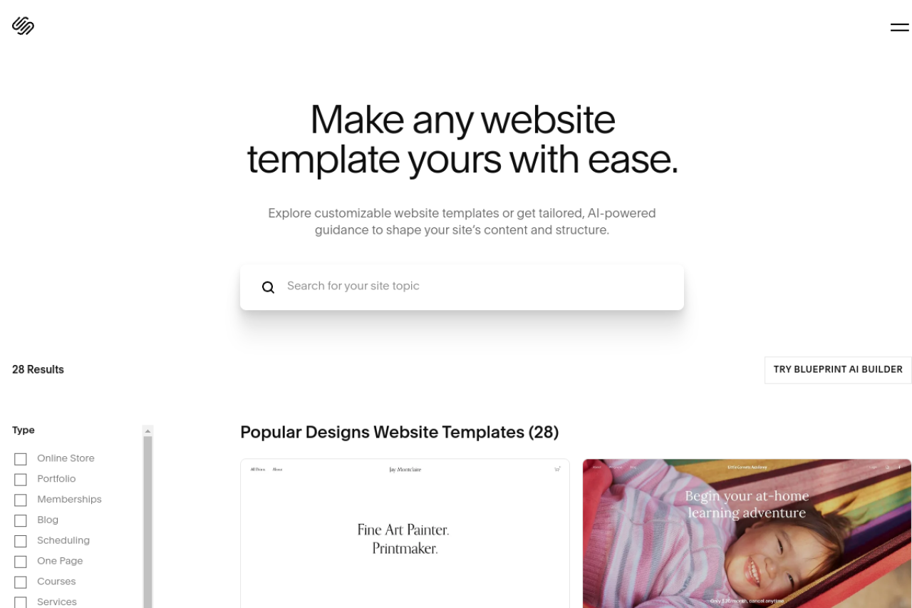 Squarespace template gallery showing professionally designed website layouts