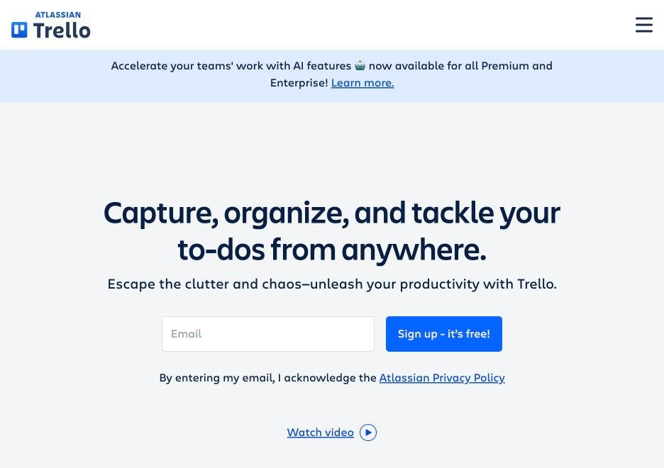 Trello project management tool for organising tasks and team workflows