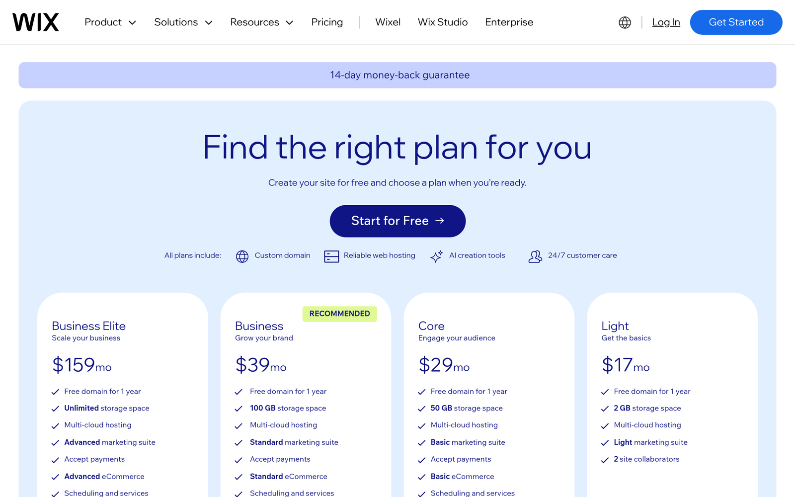 Wix pricing plans showing Light, Core, Business, and Business Elite tiers with UK pricing