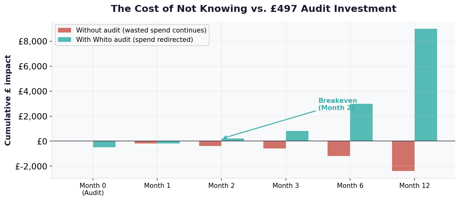 Before and after chart showing marketing audit ROI with a typical 2-month payback period