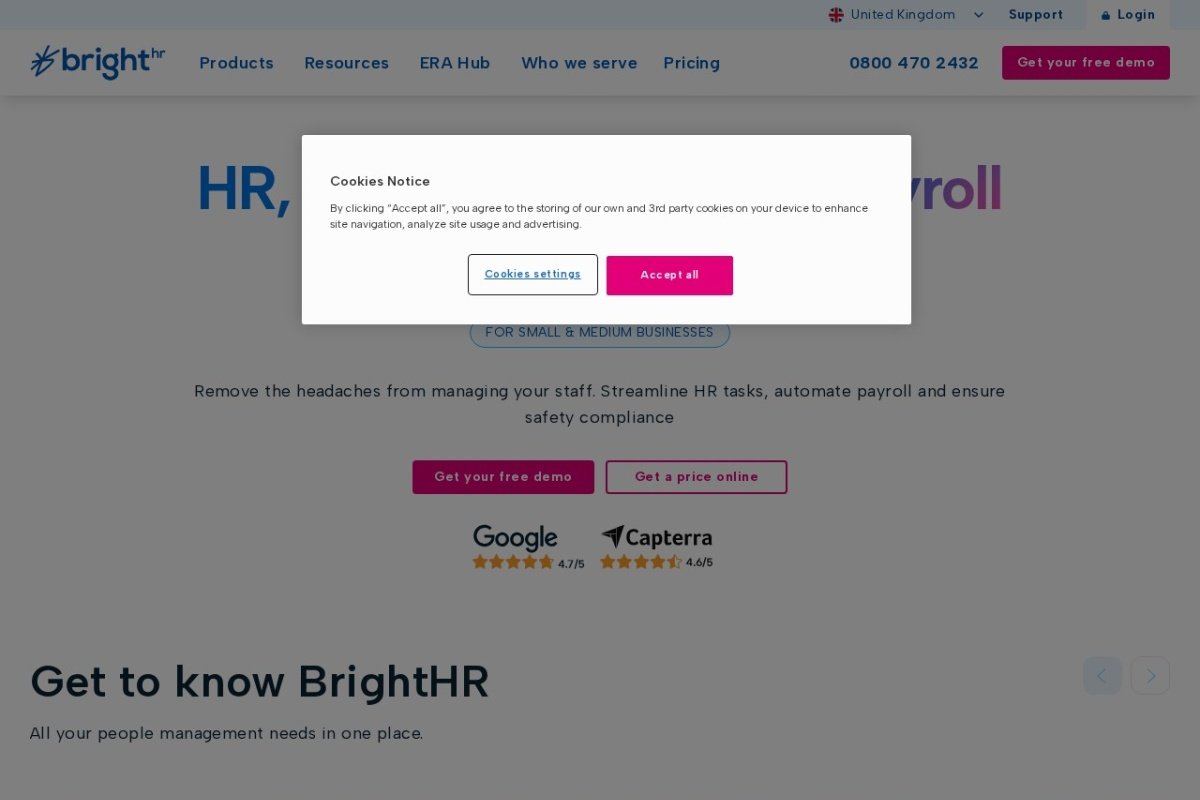BrightHR homepage screenshot