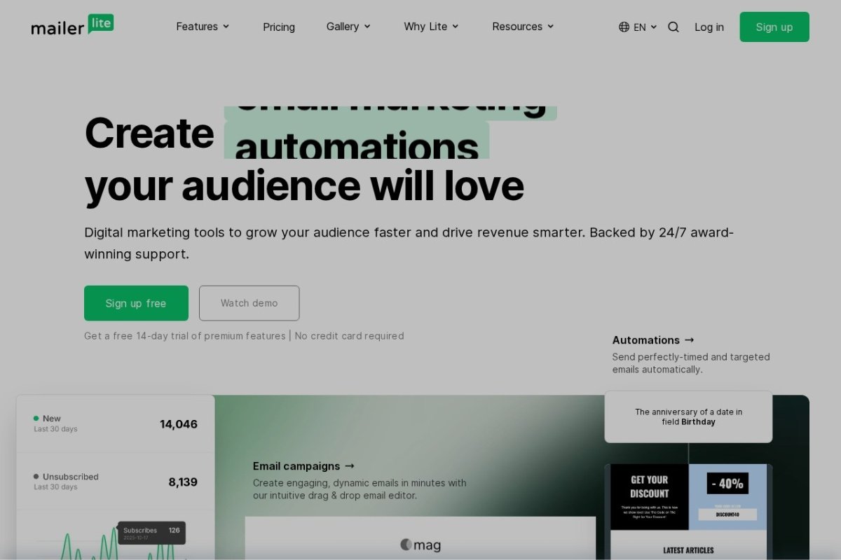 MailerLite homepage screenshot