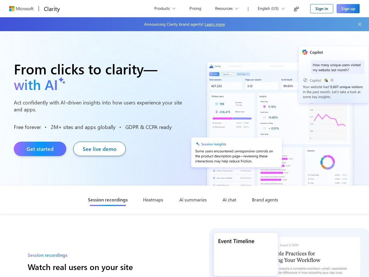 Microsoft Clarity homepage screenshot