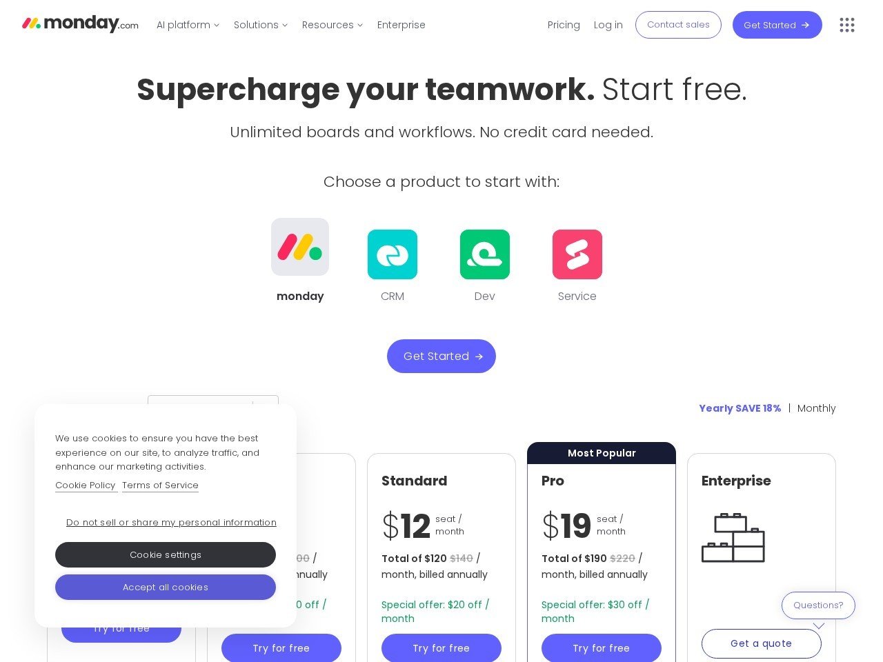 Monday.com pricing plans showing Free, Basic, Standard, Pro and Enterprise tiers in GBP
