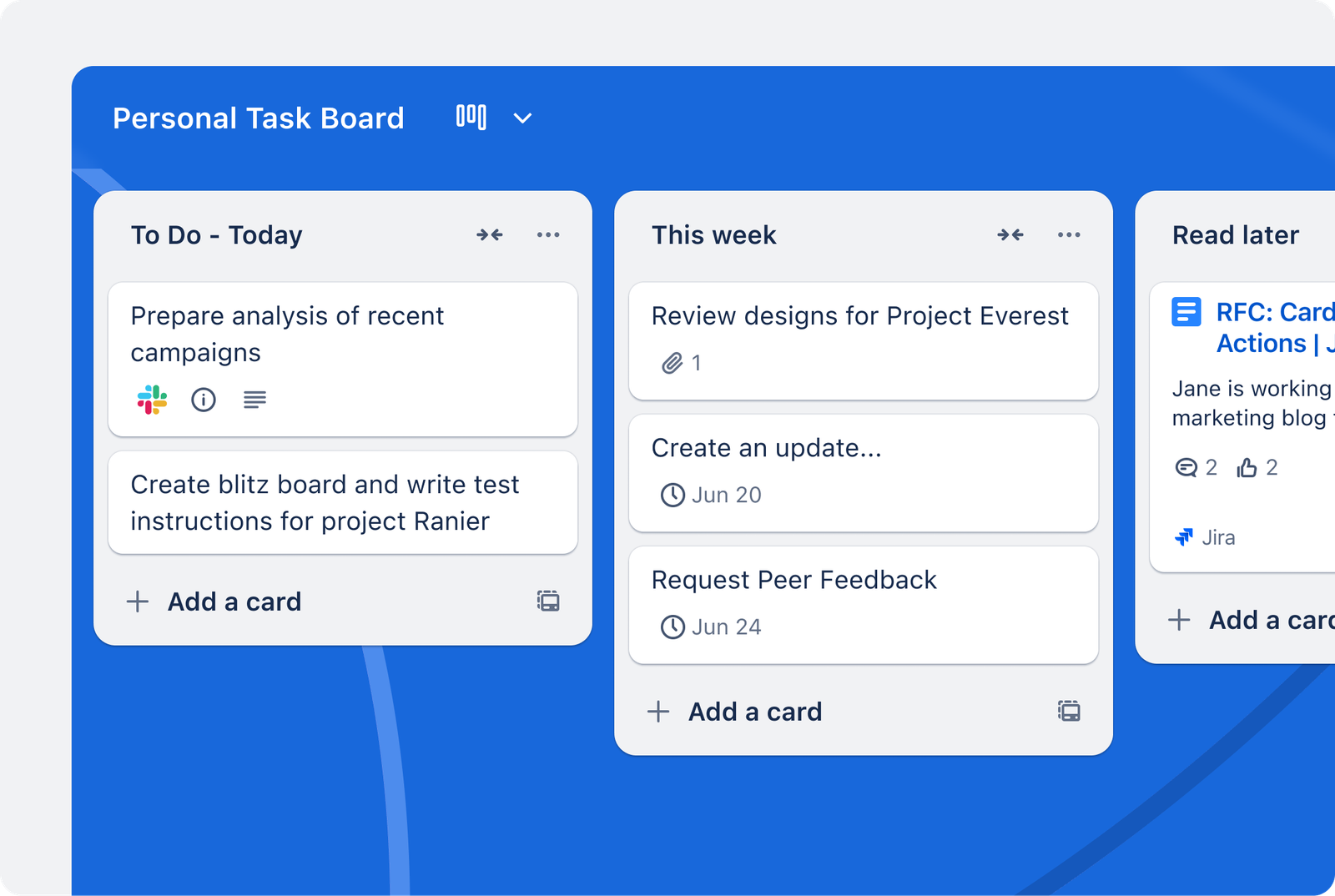 Trello kanban board view showing cards organised in columns