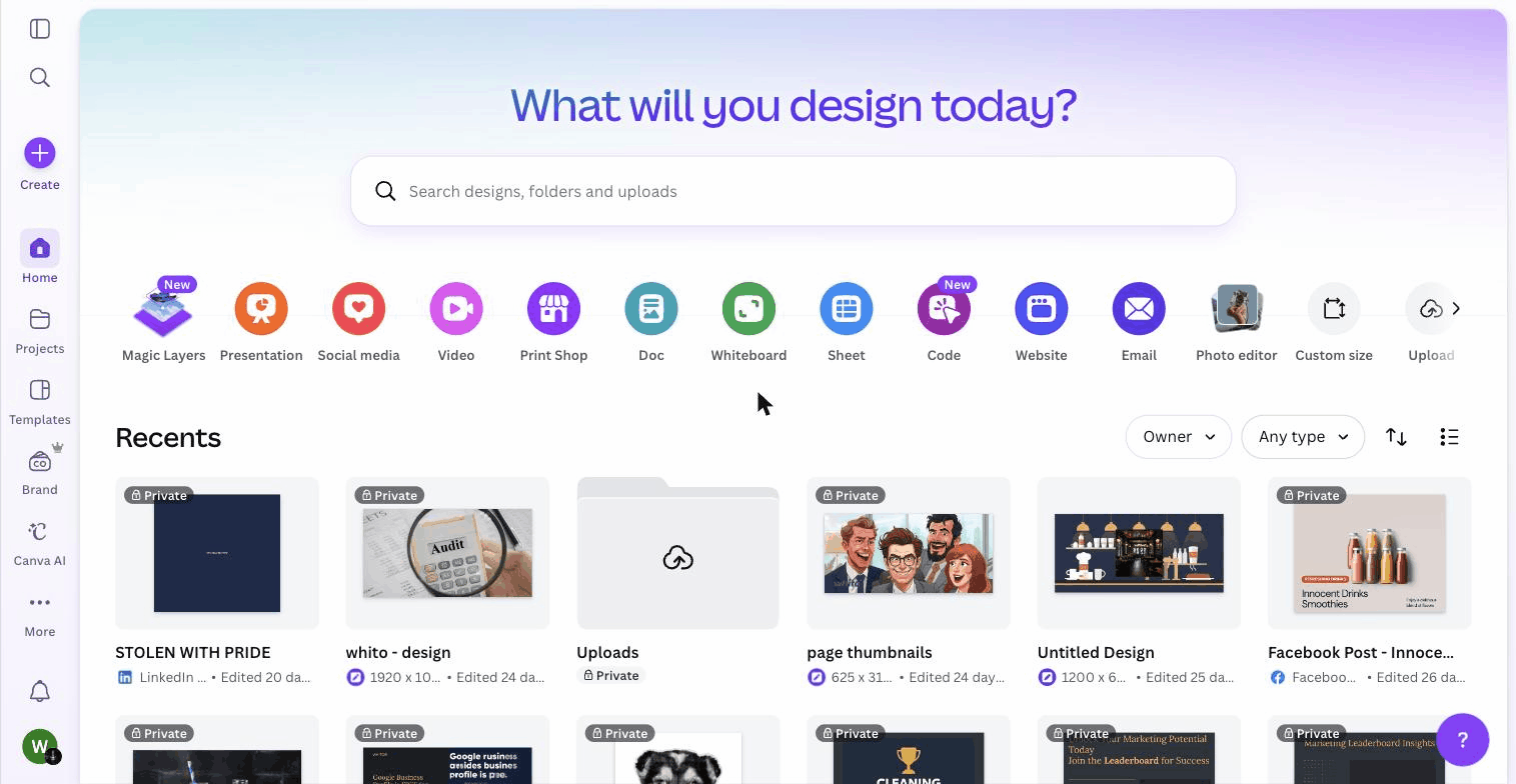Canva dashboard showing design categories and recent projects