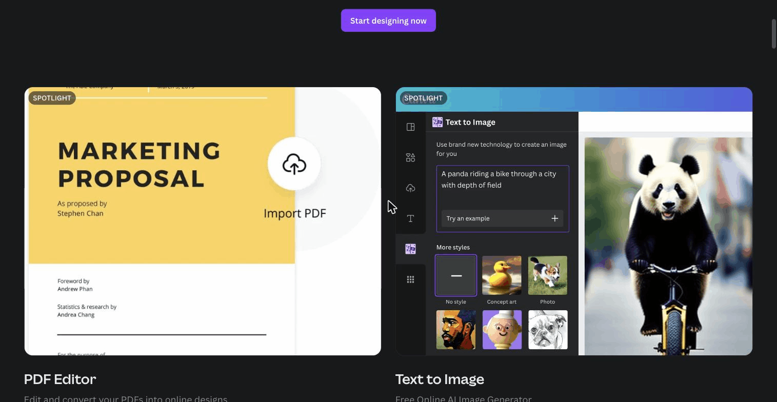 Canva features page showing PDF editor and AI text to image generation