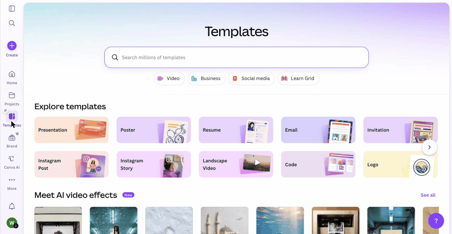 Canva template library with categories for presentations posters social media and more