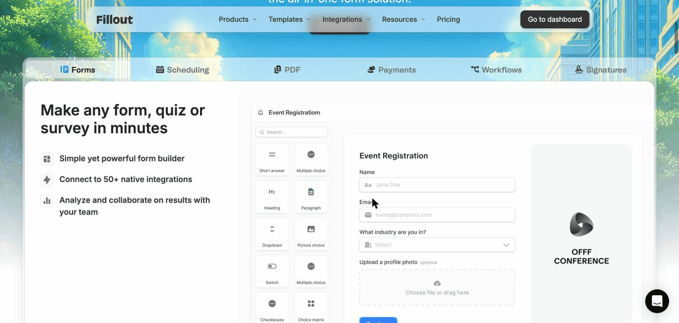 Fillout drag-and-drop form builder with field types and live preview