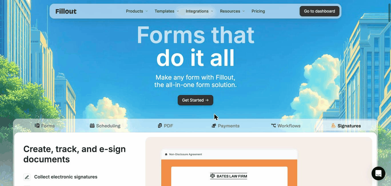 Fillout homepage showing Forms that do it all