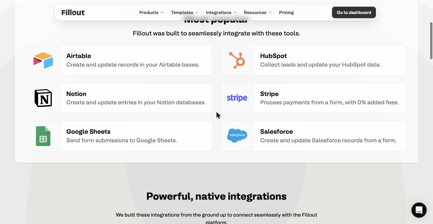 Fillout integrations with Airtable HubSpot Notion Stripe Google Sheets Salesforce
