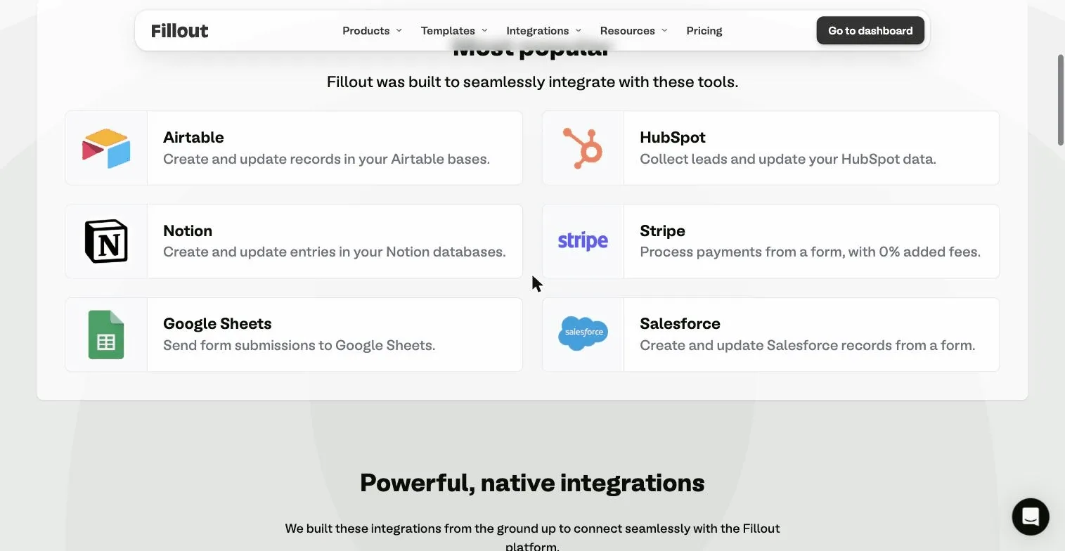 Fillout integrations with Airtable HubSpot Notion Stripe Google Sheets Salesforce