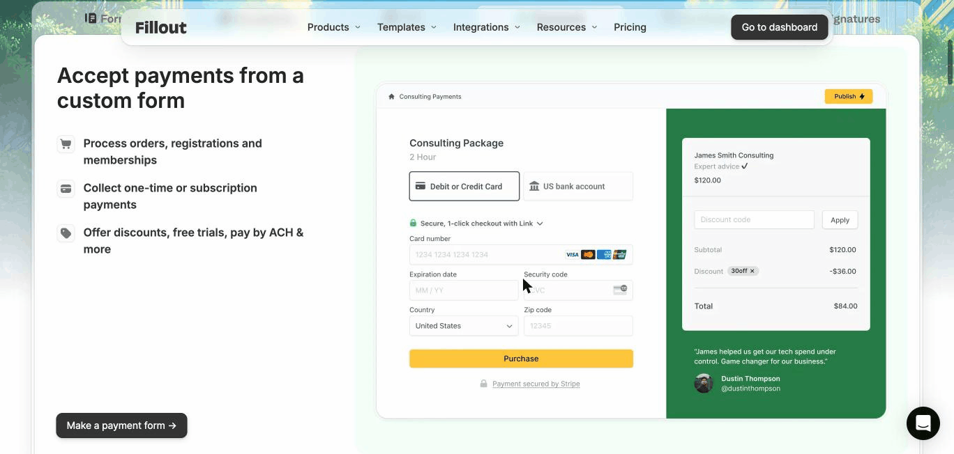Fillout payment collection form with Stripe integration and discount codes