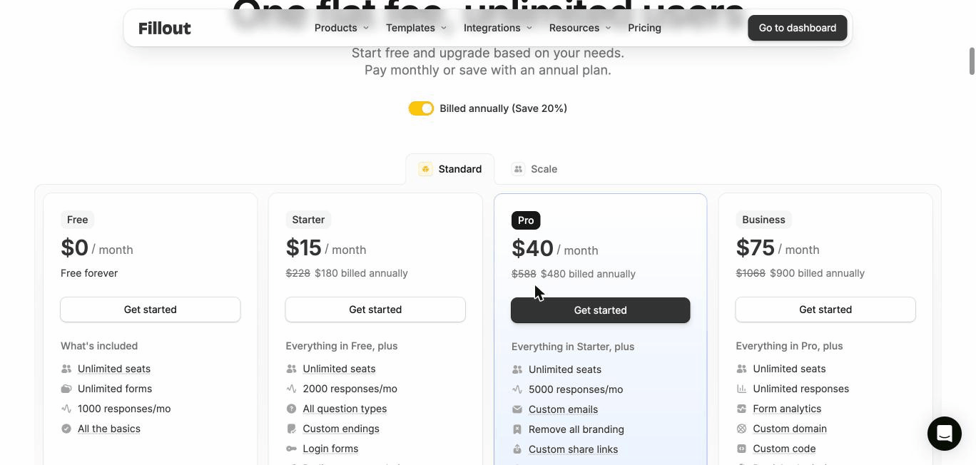 Fillout pricing tiers showing Free Starter Pro and Business plans