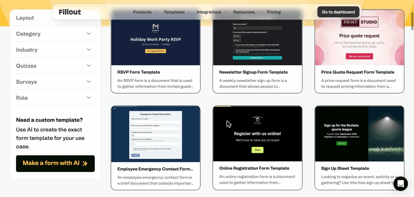 Fillout template gallery showing form templates for events newsletters and quotes