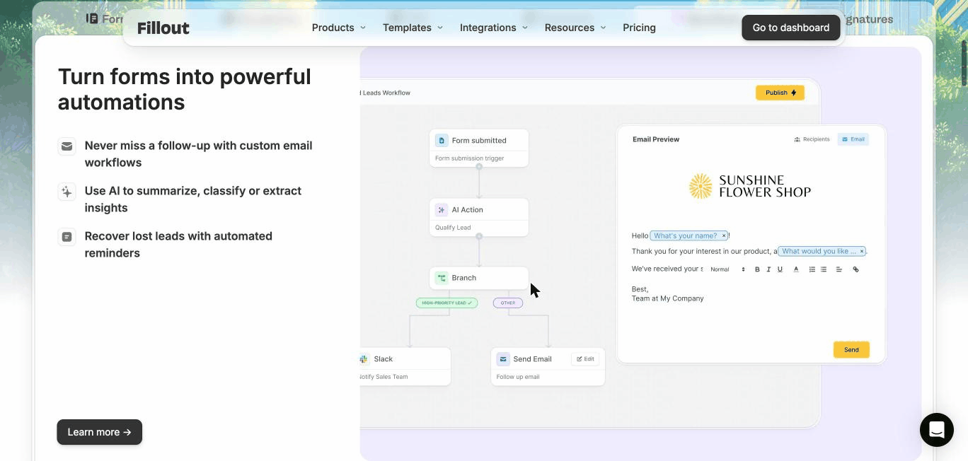 Fillout workflow automation with form triggers AI actions branching and email
