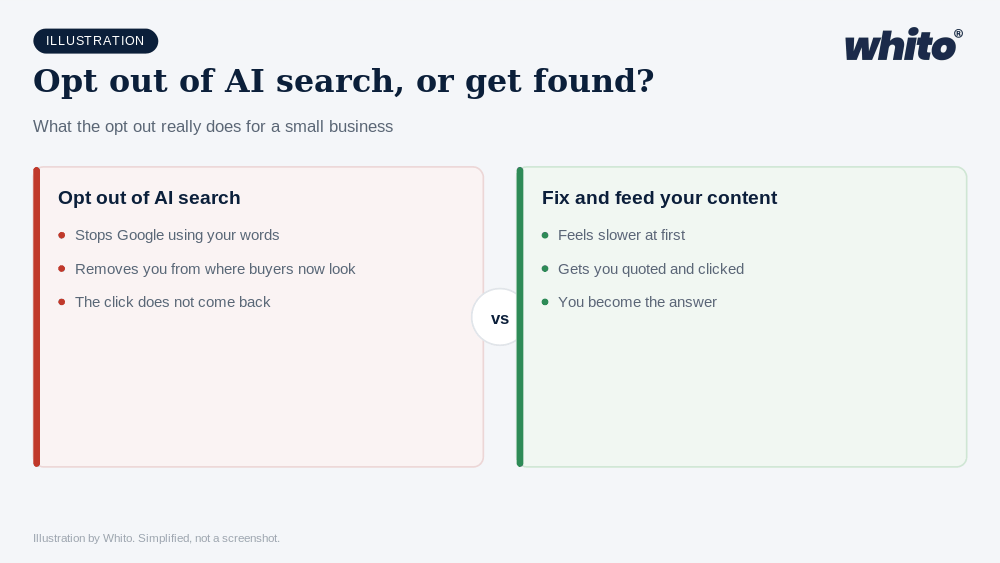 Whito illustration: Google Now Lets You Opt Out of AI Search. Most Small Businesses Shouldn't.