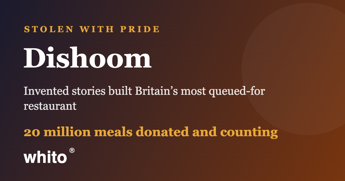 Gradient hero banner with Dishoom branding: large 'Dishoom' text, 'Stolen with Pride' header, descriptive subtitle, and '20 million meals donated and counting' with the Whito logo on a dark brown-to-navy background.