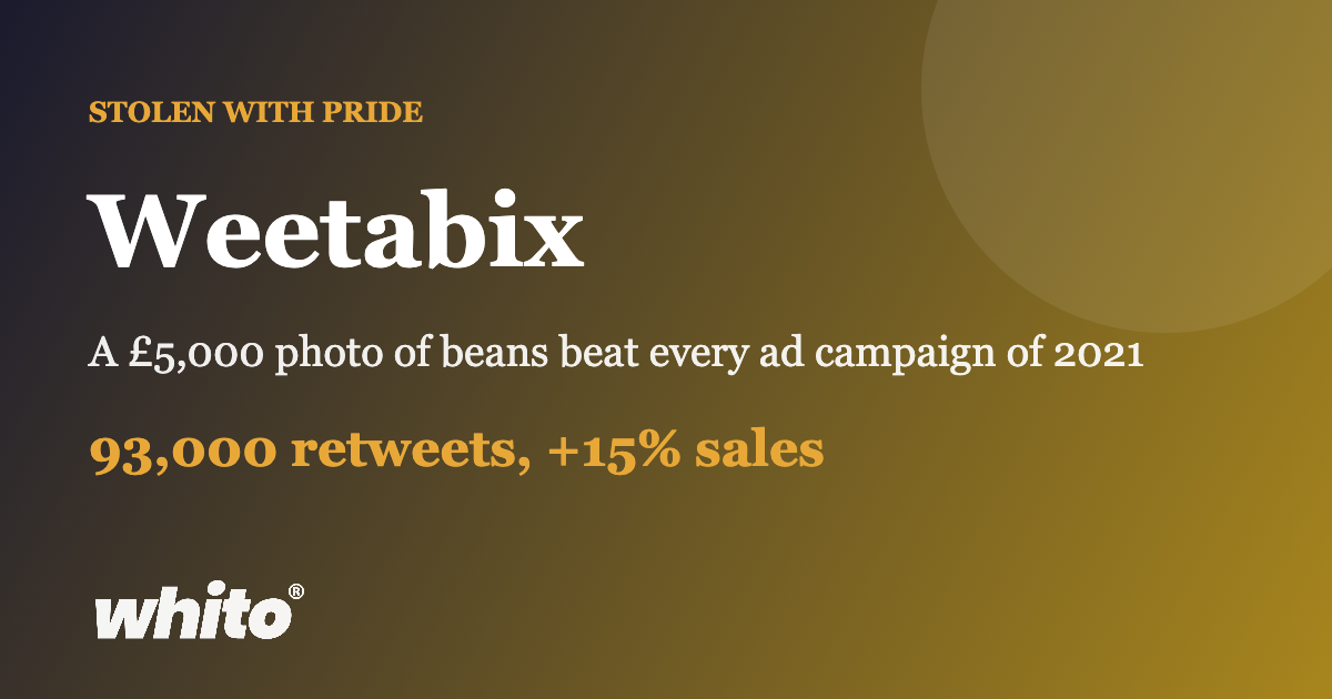 Promotional poster for Weetabix showing a bold white title, a white subtitle about a £5,000 photo of beans, and an orange line reading '93,000 retweets, +15% sales' on a brown-to-gold gradient with a Whito logo at the bottom.