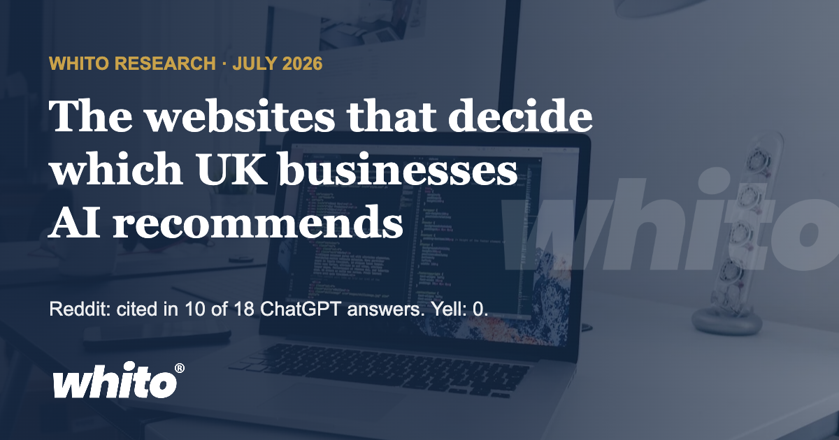 Whito Research: the websites that decide which UK businesses AI recommends. Reddit cited in 10 of 18 ChatGPT answers, Yell zero.