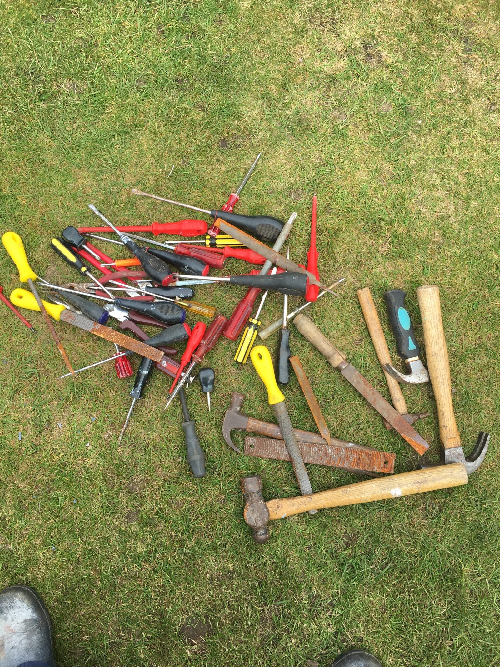 Assorted hand tools scattered on a grassy surface, including screwdrivers, hammers, chisels, and a saw.