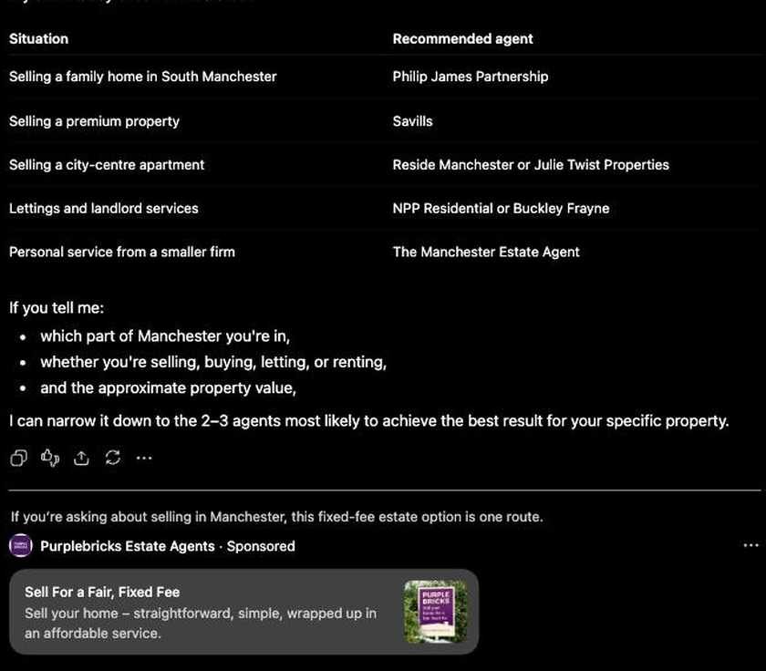 ChatGPT answer for best estate agent in Manchester showing a situation and recommended agent table with a Purplebricks sponsored advert beneath