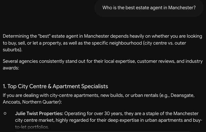 Gemini answer for best estate agent in Manchester with categorised recommendations led by Julie Twist Properties