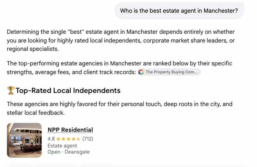 Google AI Mode answer for best estate agent in Manchester showing a ranked answer with an NPP Residential business card rated 4.8 from 712 reviews