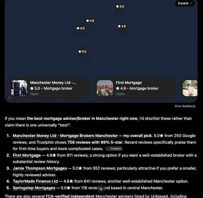 ChatGPT answer naming the best mortgage advisers in Manchester with a map and review counts