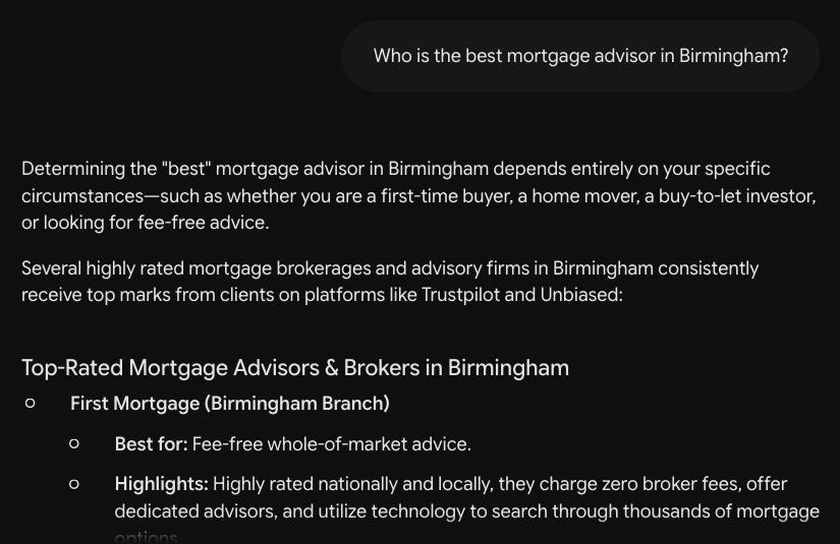 Google Gemini answer naming top rated mortgage advisers in Birmingham