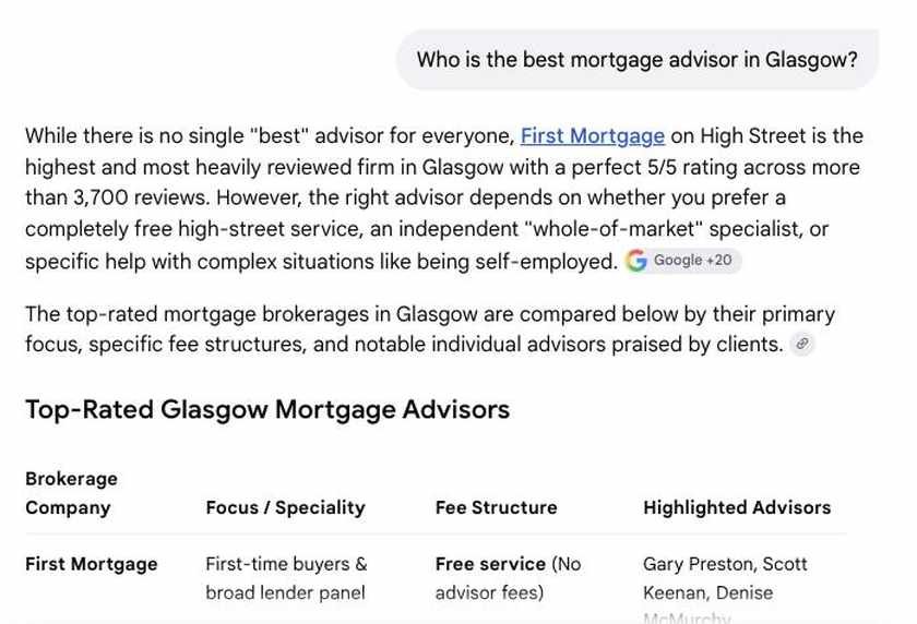 Google AI Mode answer comparing top rated Glasgow mortgage advisors in a table