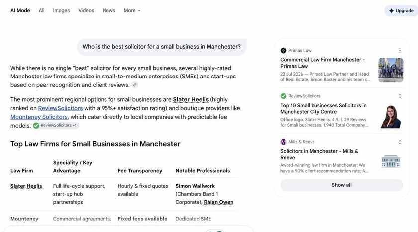 Google AI Mode answer showing a comparison table of Manchester small business solicitors with ReviewSolicitors citations