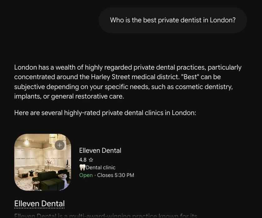 Gemini answer for best private dentist in London showing an embedded business card for a dental practice with rating and opening hours