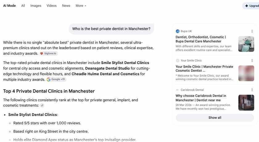 Google AI Mode answer for best private dentist in Manchester showing a ranked list with review counts and source citations