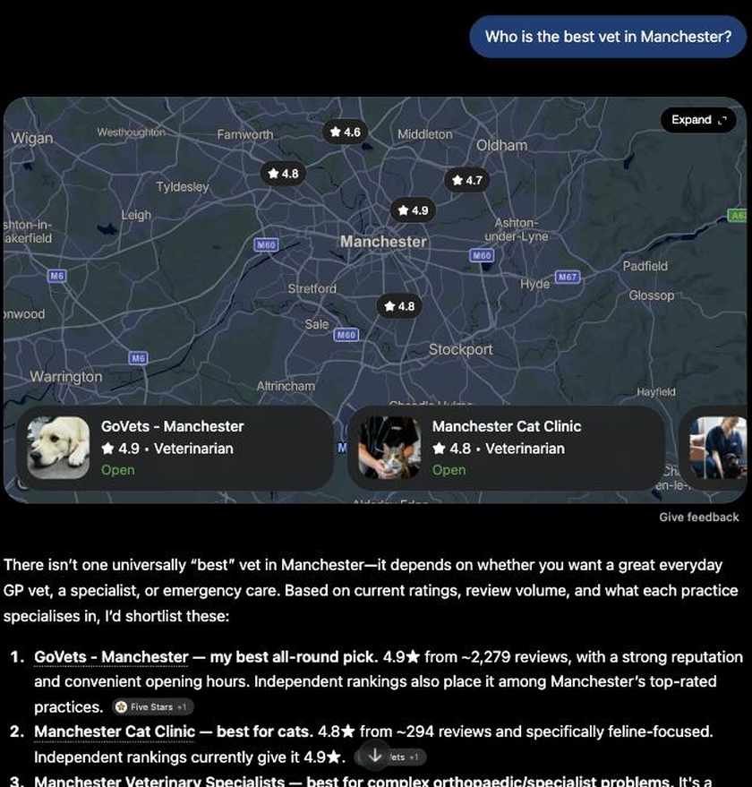 ChatGPT answer for best vet in Manchester showing a map with star ratings, practice cards and a ranked shortlist with review counts