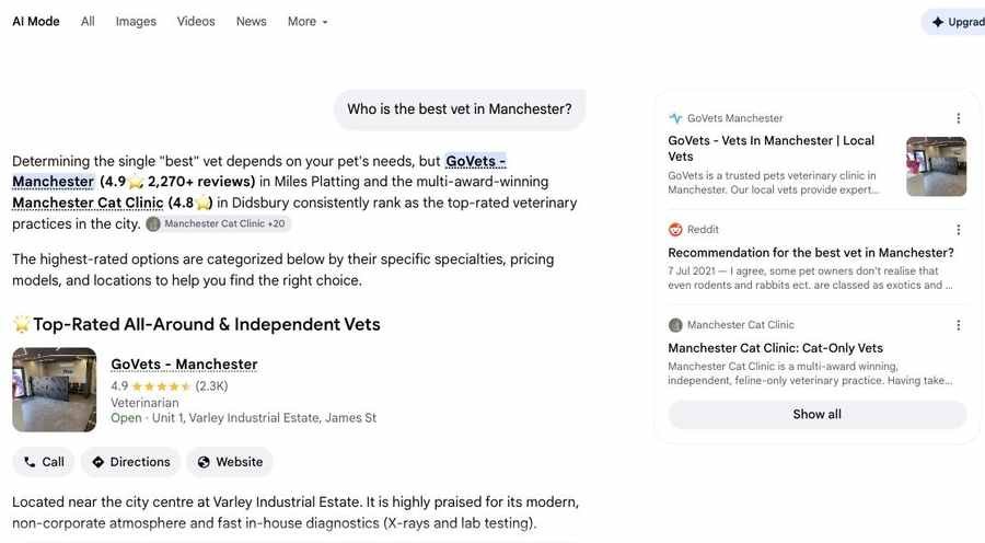 Google AI Mode answer for best vet in Manchester showing a ranked answer with a practice card and Reddit citation in the side panel